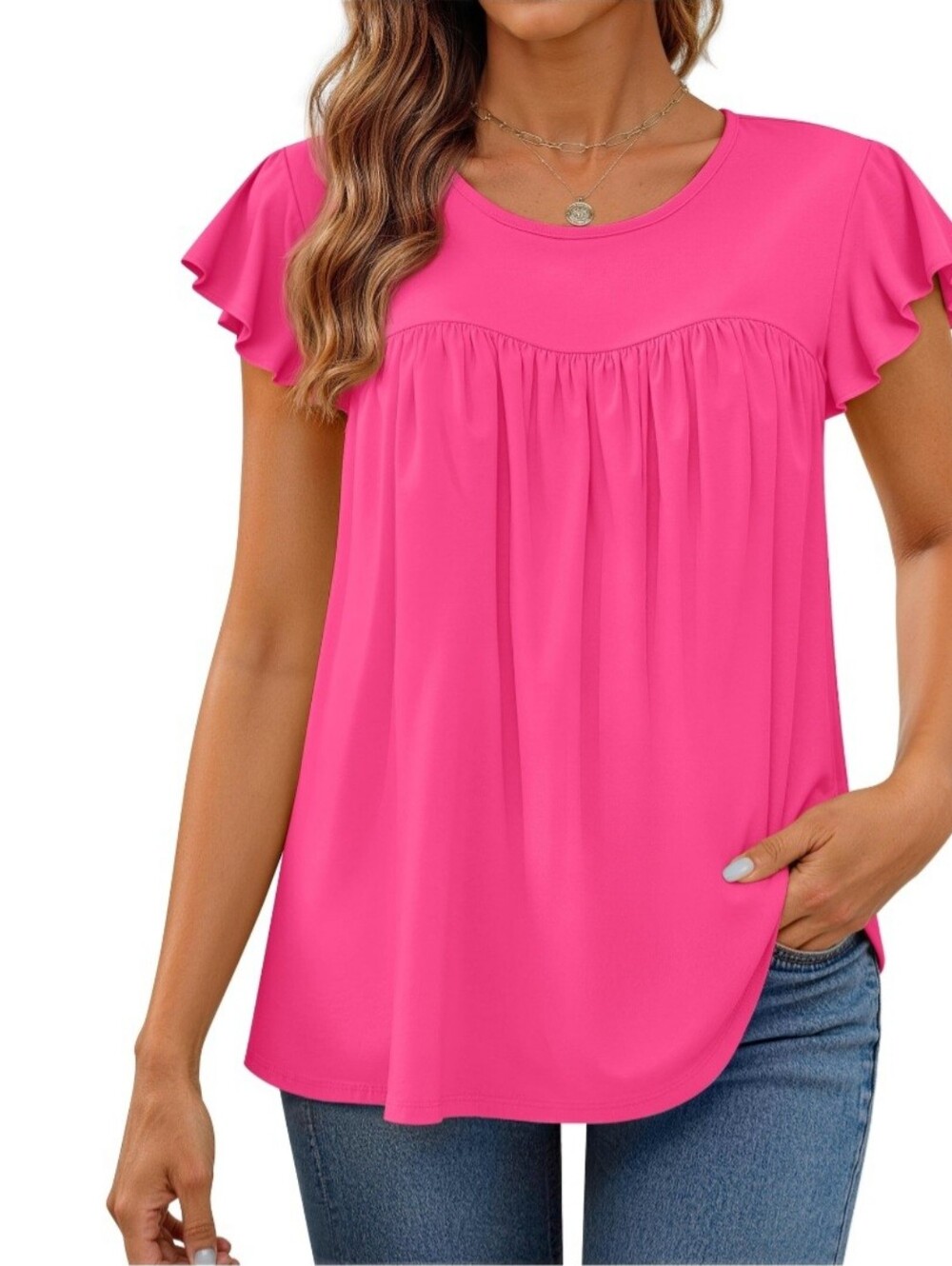 Women’s Flutter Sleeve Pink Top- Full & Plus Sizes